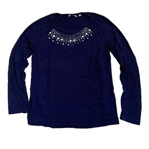 Reitmans Embellished Neckline Long Sleeve Top - Navy Blue - Size L
